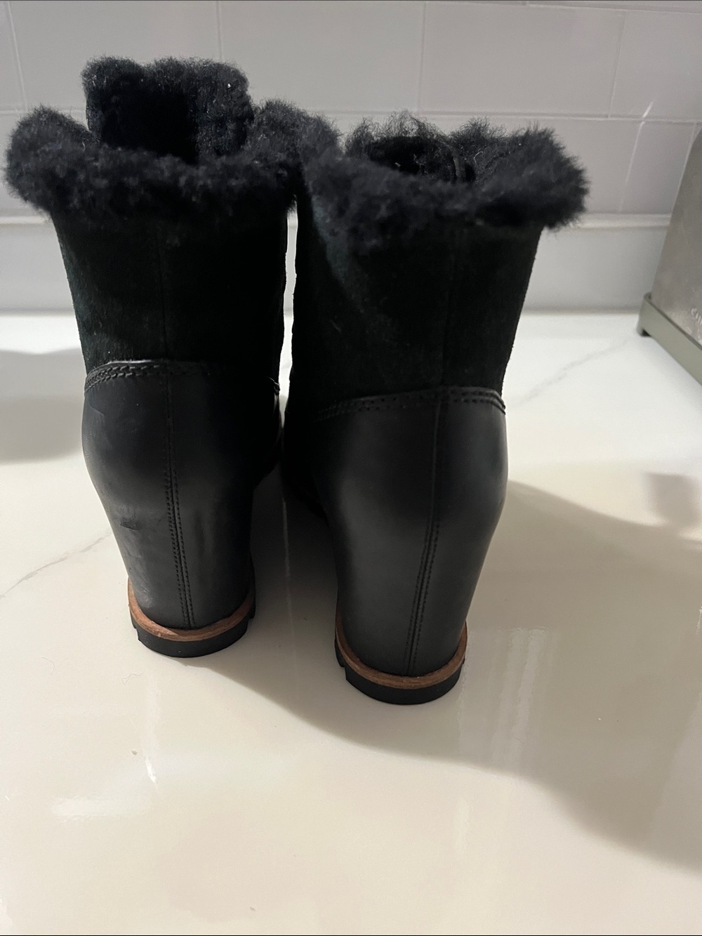 UGG Black Wedge Lace-Up Ankle Boots with Faux Fur Trim - size 9 1/2 - Picture 7 of 12
